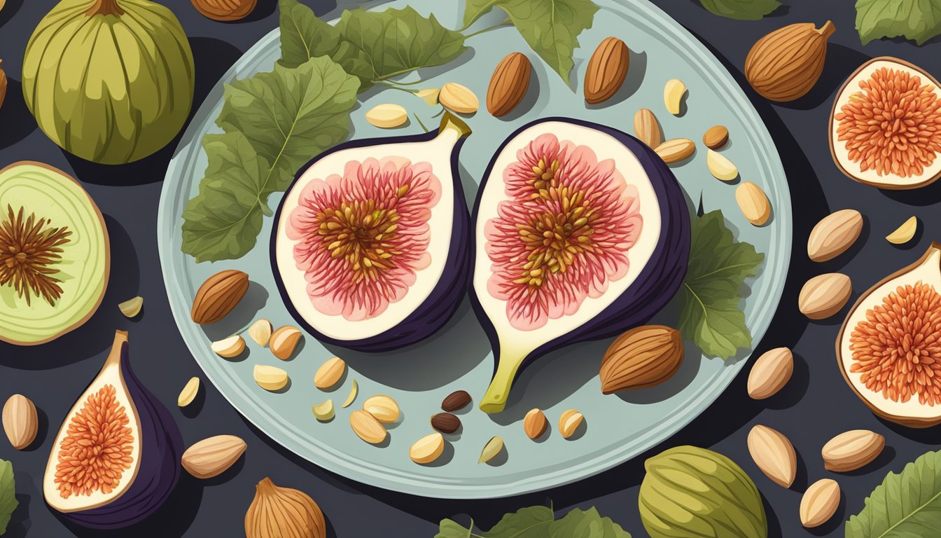 An Indian fig is being sliced and arranged on a plate, alongside a variety of nuts and seeds