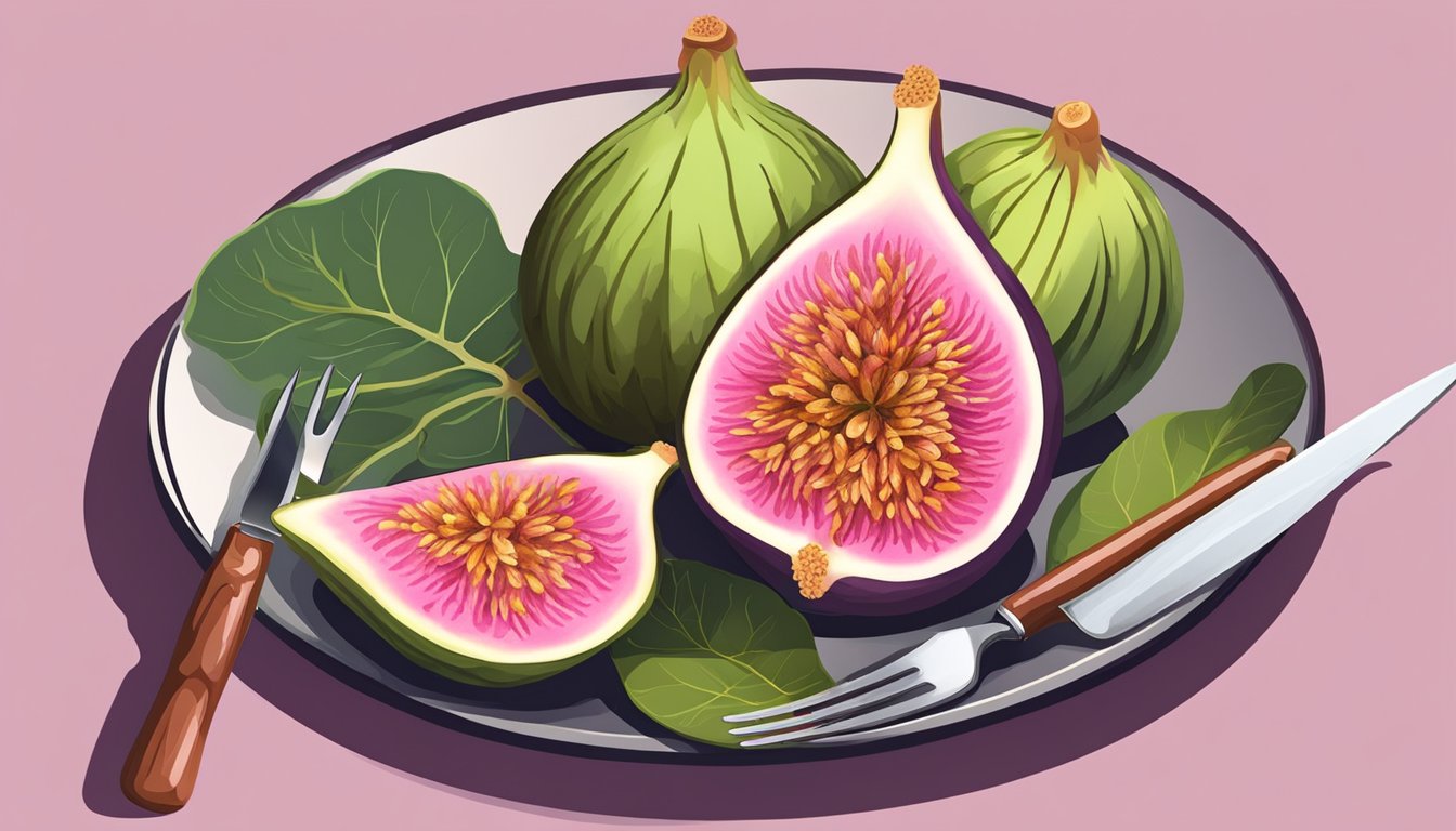 A ripe Indian fig sits on a plate, surrounded by a knife and fork. The fig is sliced open, revealing its juicy, pink flesh and small black seeds