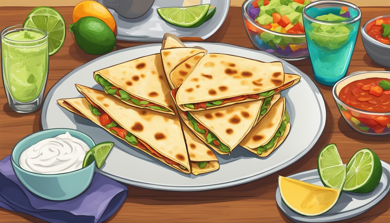 A plate with a quesadilla cut into wedges, accompanied by salsa, guacamole, and sour cream. A festive table setting with colorful napkins and a pitcher of margaritas in the background