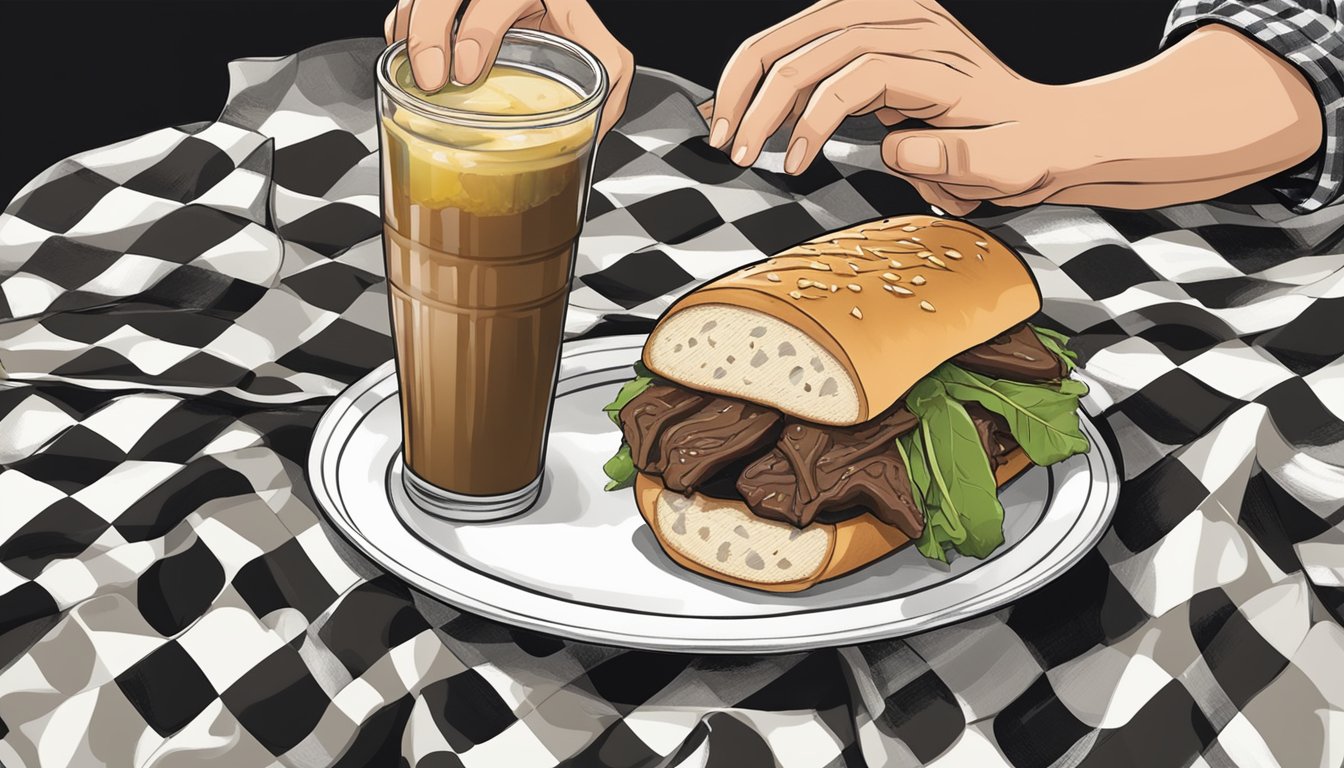 A person holding an Italian beef sandwich with dripping au jus, surrounded by napkins and a side of giardiniera on a checkered tablecloth