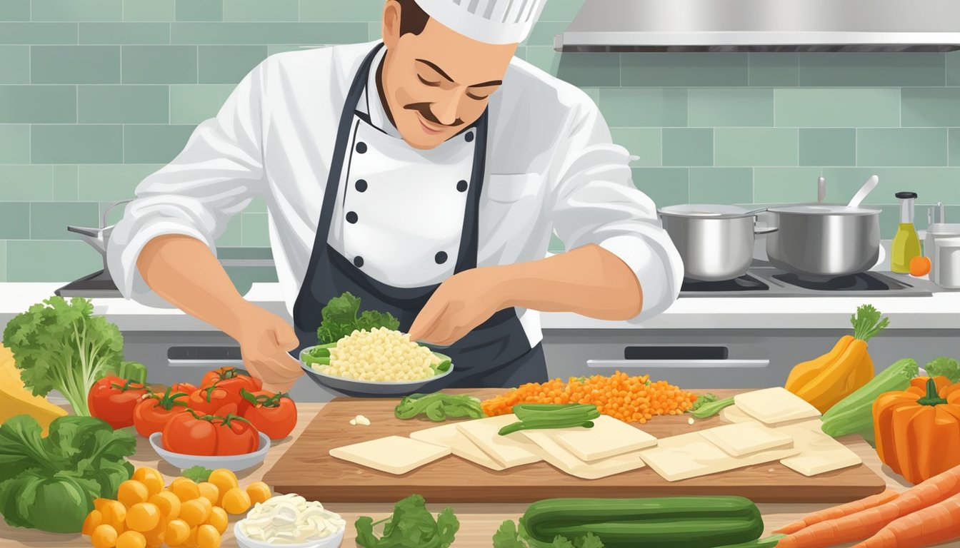 A chef prepares a colorful array of fresh ingredients, including various vegetables and alternative cheeses, to fill and fold into a quesadilla