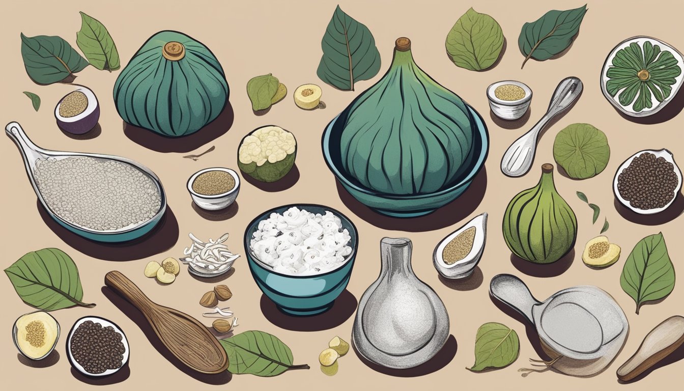 An Indian fig surrounded by a variety of utensils and ingredients, suggesting different methods of consumption - slicing, scooping, or blending