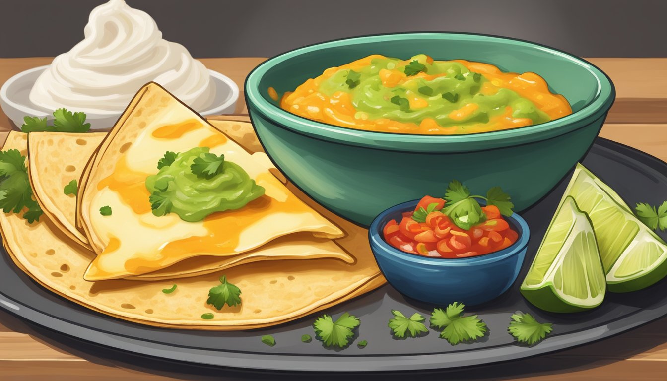 Melted cheese oozing from a golden brown tortilla, accompanied by vibrant salsa and creamy guacamole, all on a plate with a sprinkle of cilantro