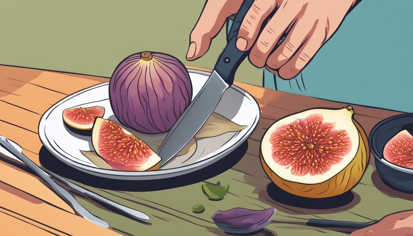 A person slicing open an Indian fig with a knife and scooping out the flesh with a spoon