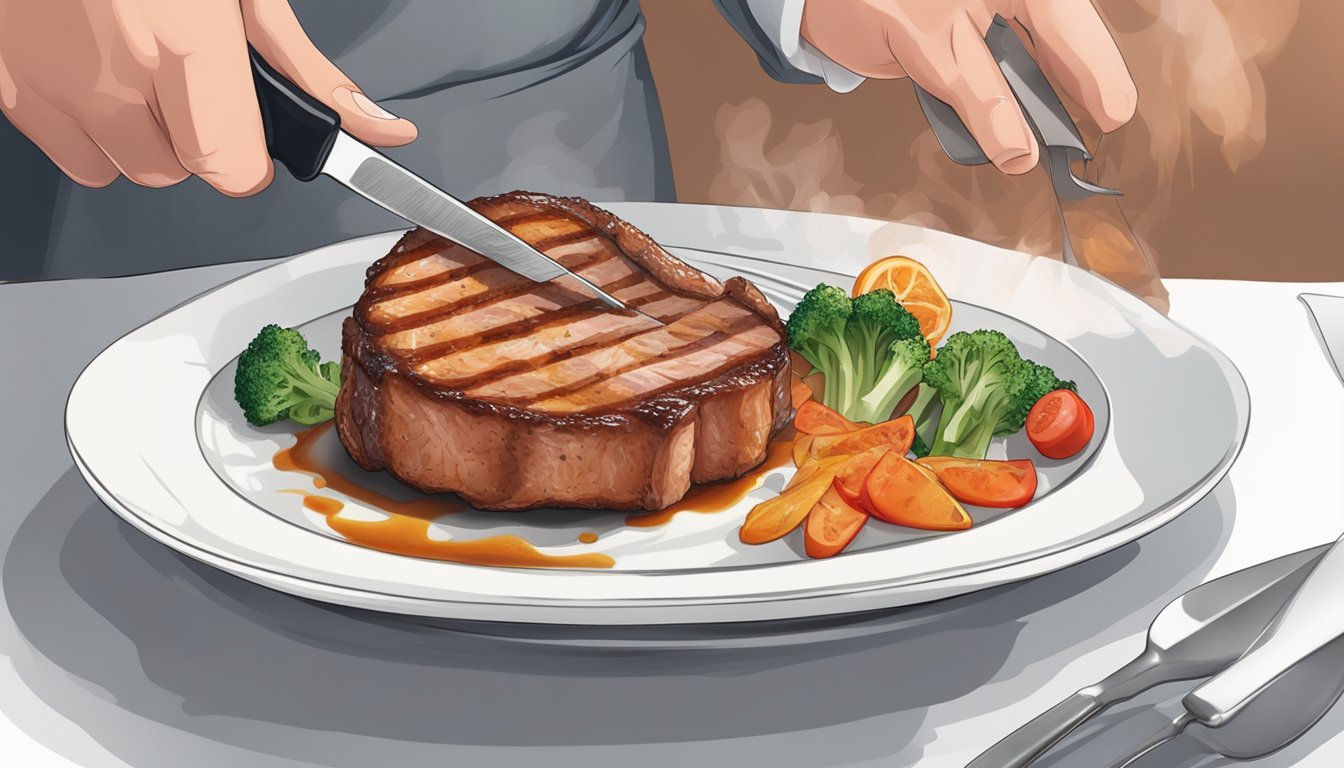 A person cuts into a juicy pork chop with a knife and fork, steam rising from the tender meat on a clean white plate