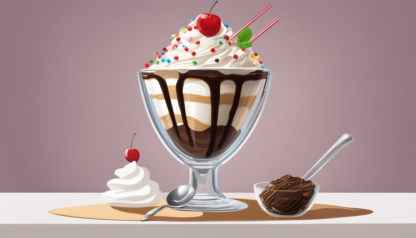 A classic sundae with a scoop of vanilla ice cream, drizzled with chocolate syrup, topped with whipped cream, a maraschino cherry, and sprinkles, served in a glass dish with a long spoon