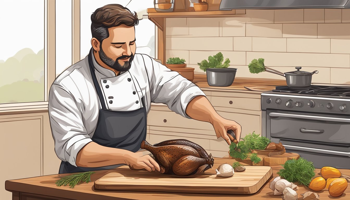 A chef seasoning and basting a whole roasted quail on a wooden cutting board