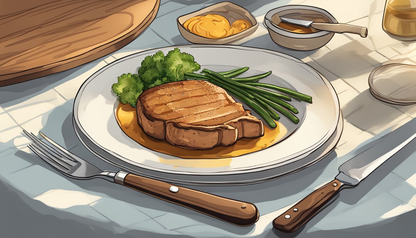 A pork chop on a plate, with a knife and fork beside it. The meat is cooked to perfection, with a golden brown crust on the outside