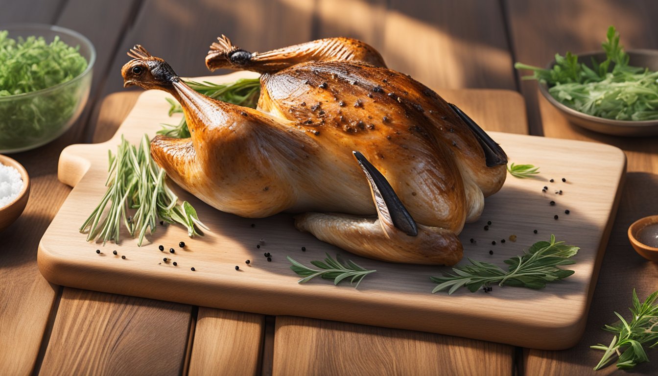 A roasted quail sits on a rustic wooden cutting board, surrounded by sprigs of fresh herbs and a sprinkling of sea salt. A meat thermometer inserted into the bird reads 165°F