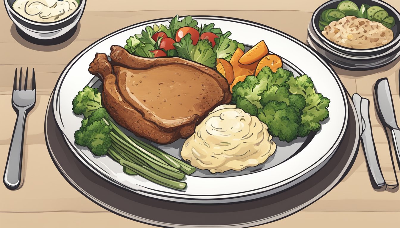 A plate with a pork chop, surrounded by a variety of side dishes such as mashed potatoes, steamed vegetables, and a side salad