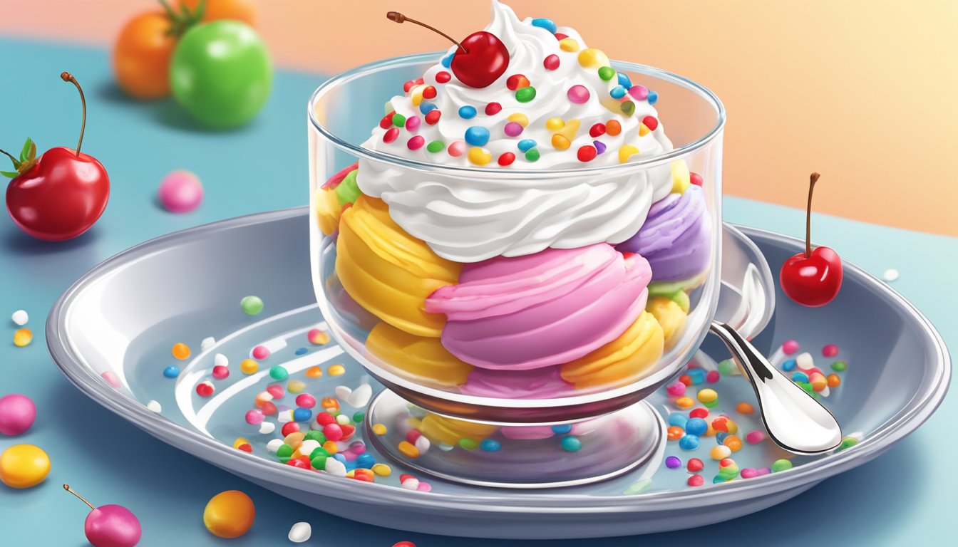 A colorful ice cream sundae sits in a glass dish, topped with whipped cream, sprinkles, and a cherry. A spoon is inserted into the sundae, ready to be enjoyed