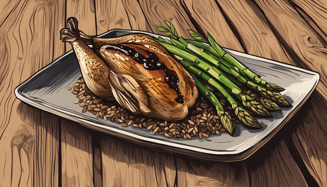 A roasted quail served with a side of wild rice, grilled asparagus, and a drizzle of balsamic reduction on a rustic wooden plate