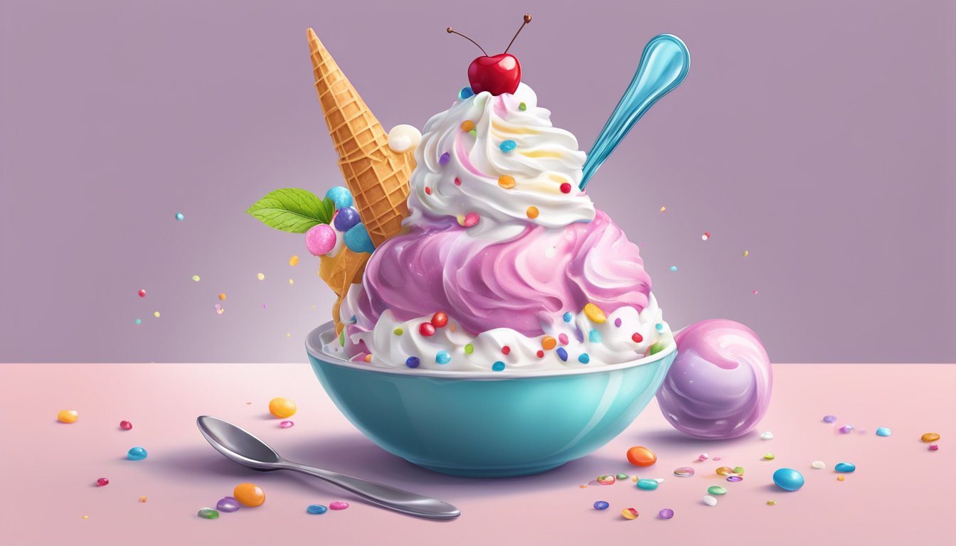 A colorful ice cream sundae sits on a table, topped with whipped cream, sprinkles, and a cherry. A spoon is positioned next to the sundae