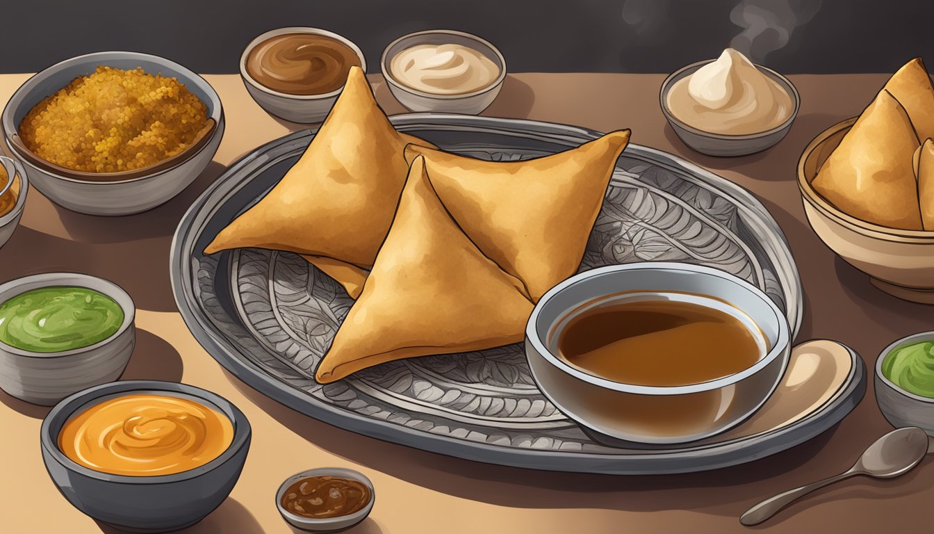 A plate with a golden brown Indian samosa, surrounded by small bowls of chutney and a steaming cup of chai