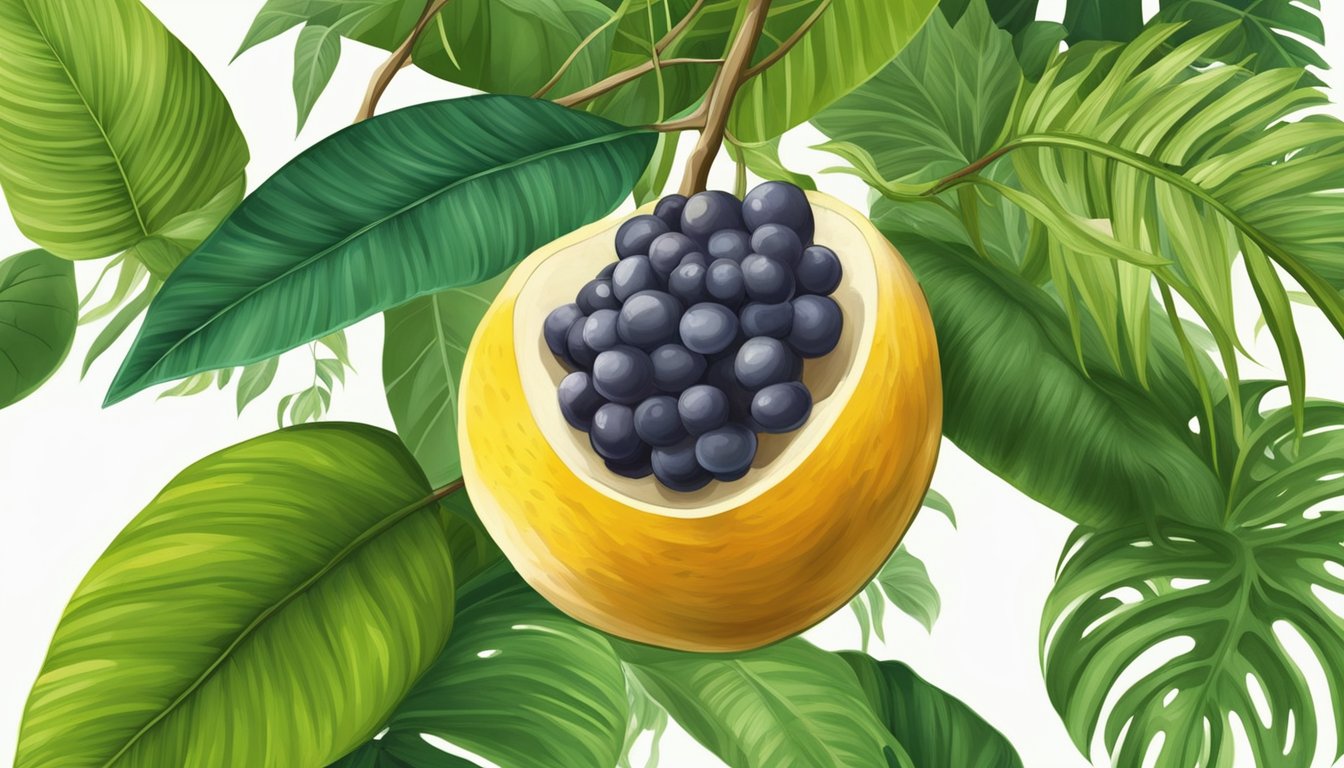 A ripe icaco fruit hanging from a tree, surrounded by lush green leaves and a tropical habitat