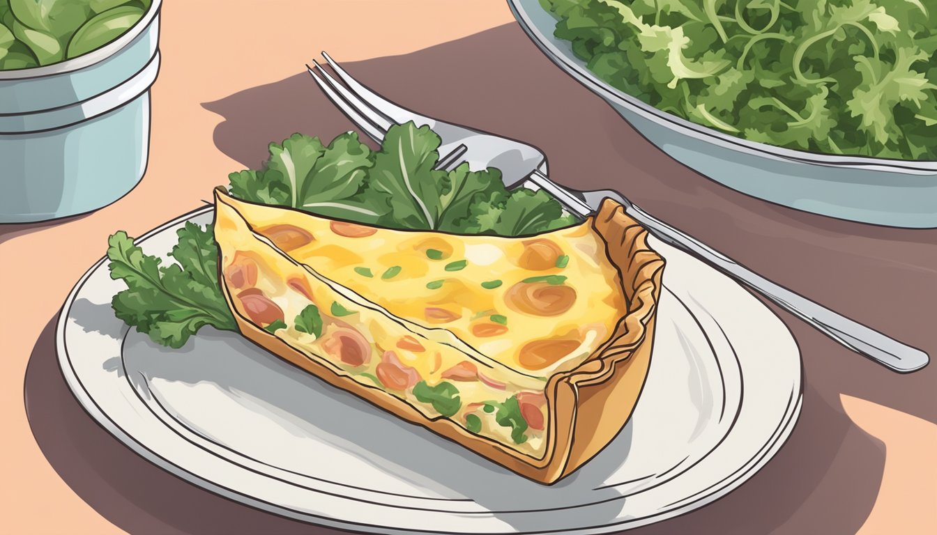 A slice of quiche Lorraine being served on a plate with a side of mixed greens and a fork placed next to it on the table