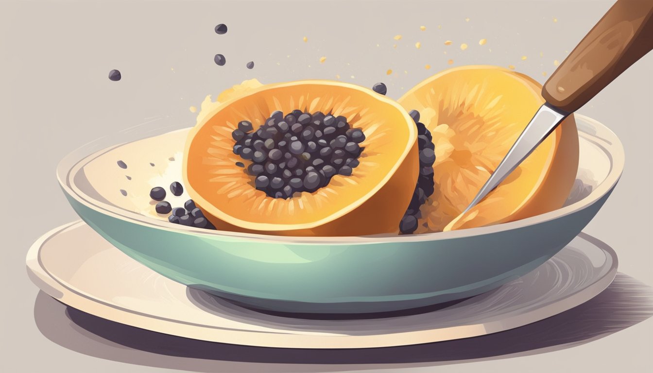 A ripe icaco fruit is being cut open and its flesh is being scooped out with a spoon. The seeds are being removed and the flesh is being processed into a smooth puree