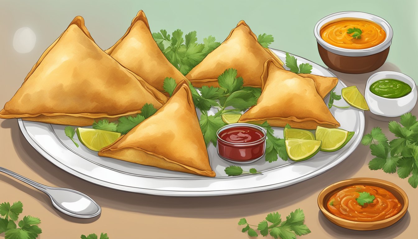 A plate with a golden, crispy samosa surrounded by vibrant chutneys and garnished with fresh cilantro