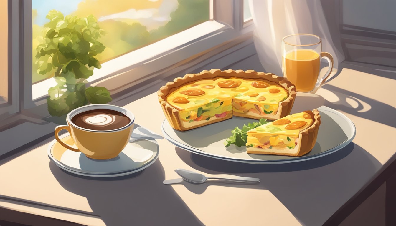 A table set with a slice of quiche Lorraine on a plate, accompanied by a side salad and a cup of hot coffee. Sunlight streams through a nearby window, casting a warm glow over the meal