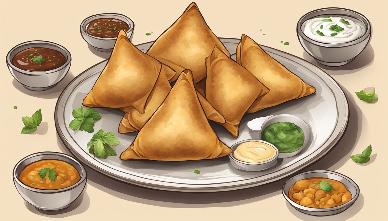 A plate with a golden-brown, triangular Indian samosa, surrounded by small dishes of chutney and yogurt