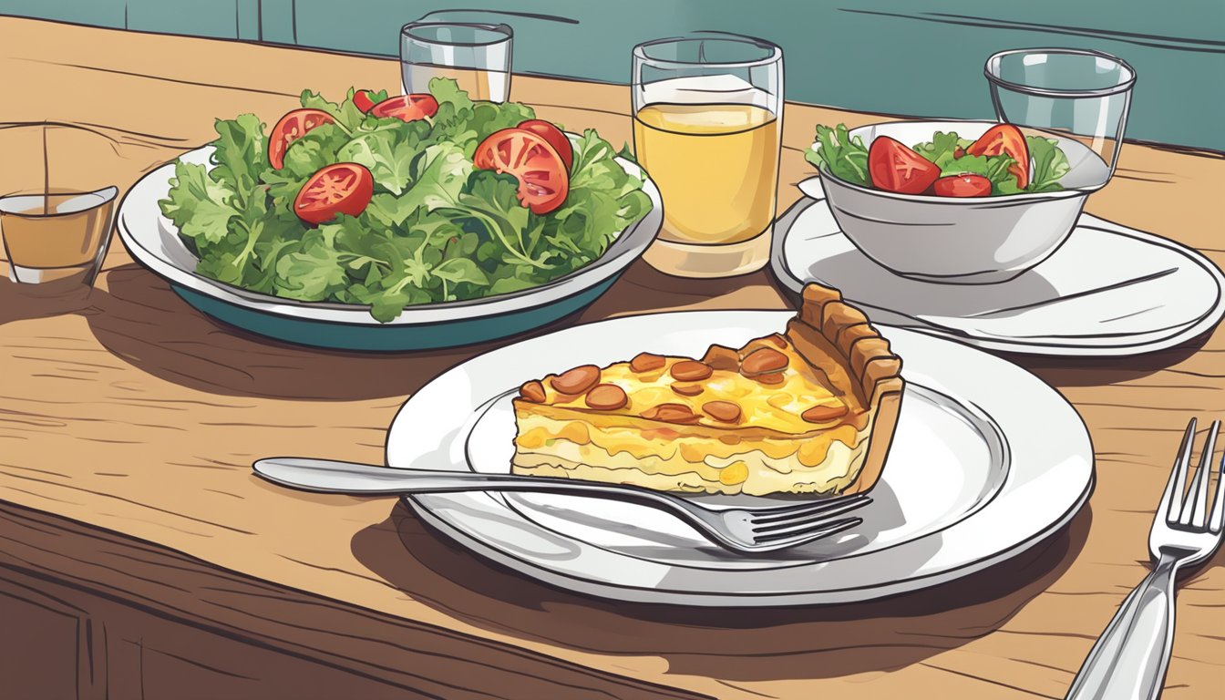 A slice of quiche Lorraine being eaten with a fork and knife at a table with a side salad and a glass of water