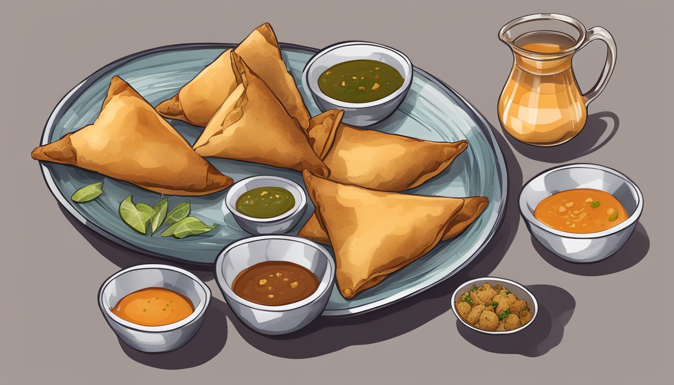 A plate of assorted samosas, each with a different filling, surrounded by small bowls of chutney and a cup of masala chai