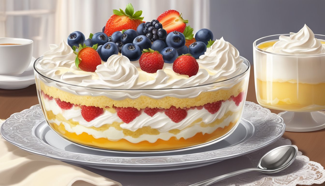 A glass dish of English trifle sits on a lace tablecloth, layers of sponge cake, custard, fruit, and whipped cream visible. A silver spoon rests on the edge