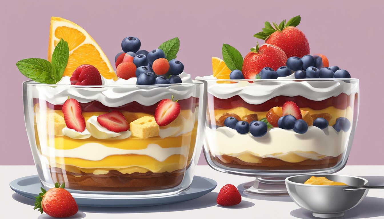 Layers of sponge cake, custard, fruit, and whipped cream in a glass dish. A spoon dips into the trifle, scooping up a perfect bite