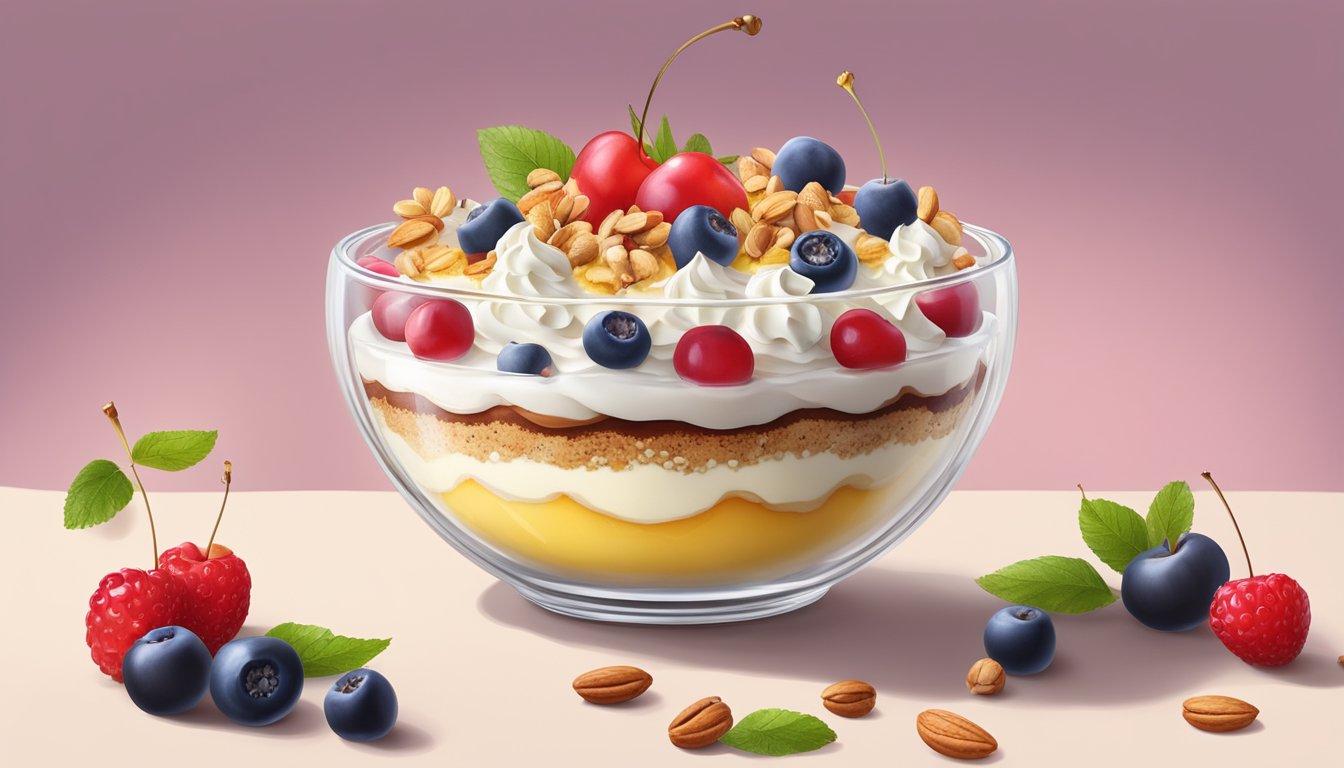 A glass bowl filled with layers of sponge cake, custard, fruit, and whipped cream, topped with a sprinkle of nuts and a cherry