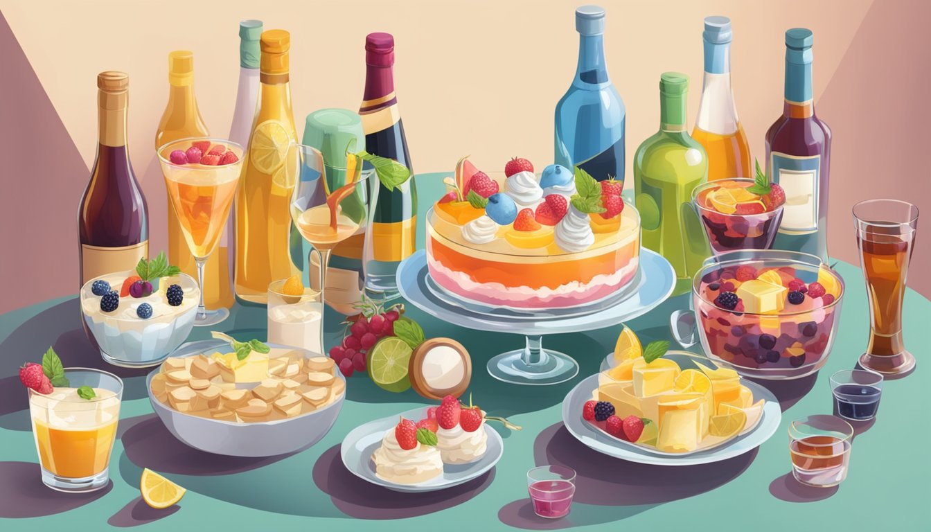 A table set with a colorful English trifle surrounded by various alcoholic and non-alcoholic beverage options