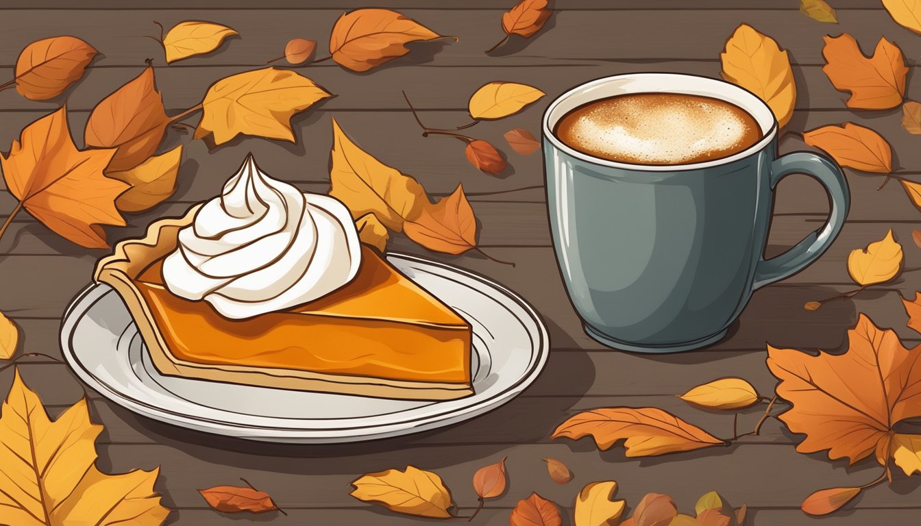 A slice of pumpkin pie with a dollop of whipped cream on top, surrounded by autumn leaves and a warm mug of coffee