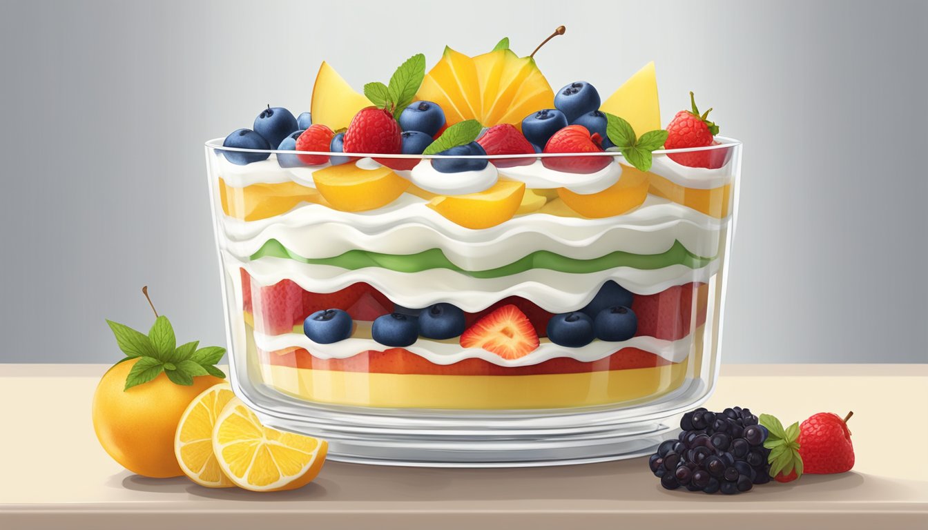 A table set with layers of sponge cake, custard, fruit, and whipped cream in a clear glass trifle dish