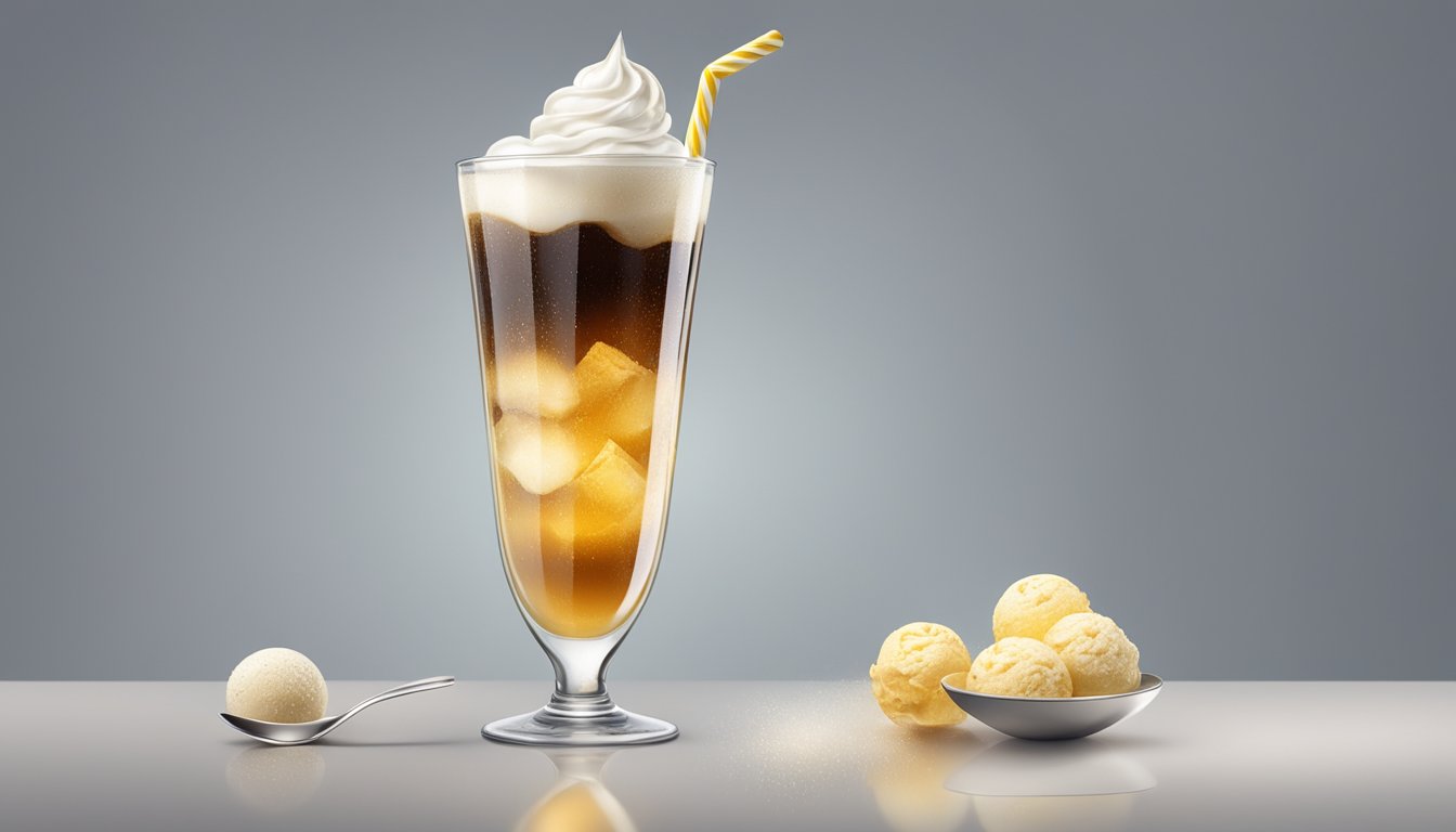 A tall glass filled with fizzy soda and a scoop of vanilla ice cream floating on top