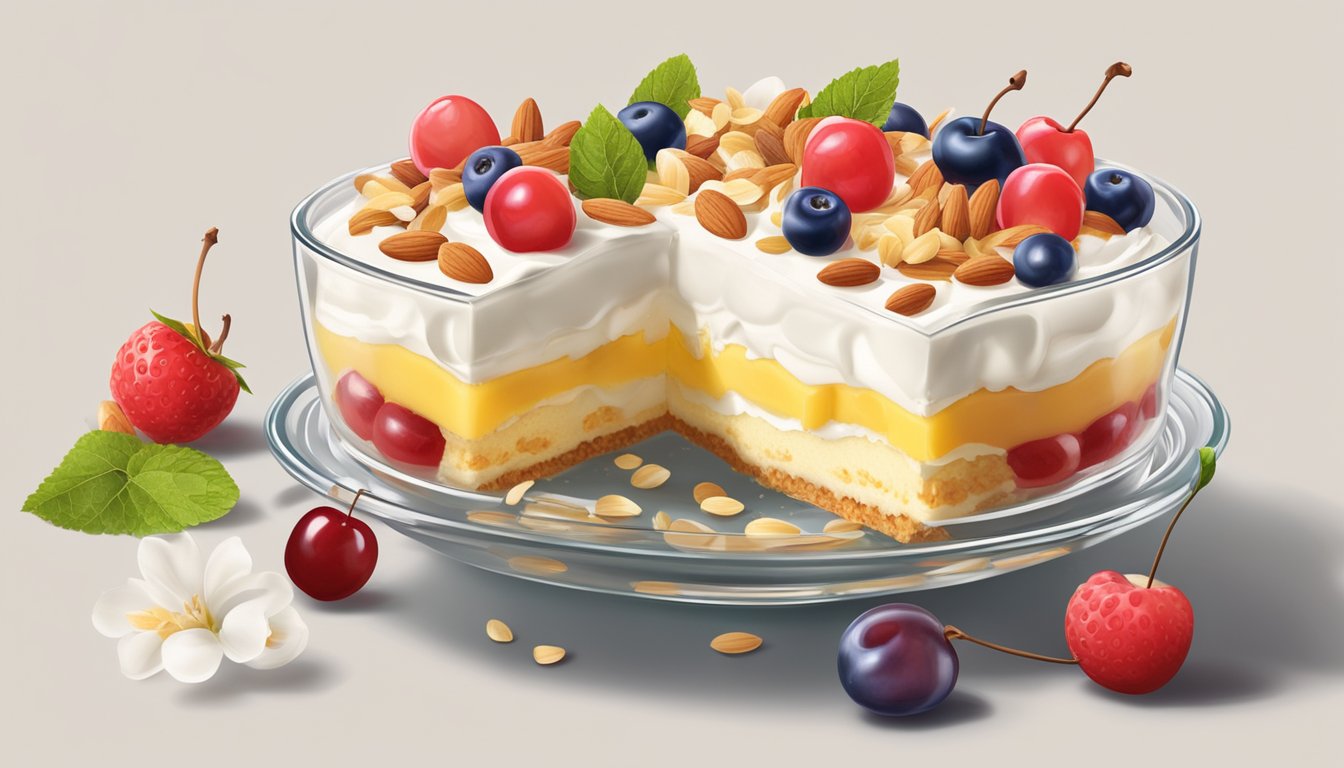 A glass bowl filled with layers of sponge cake, custard, fruit, and whipped cream, topped with slivered almonds and a cherry