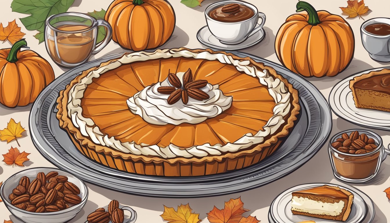 A pumpkin pie surrounded by a variety of toppings and pairings, such as whipped cream, cinnamon, and pecans, displayed on a festive table setting