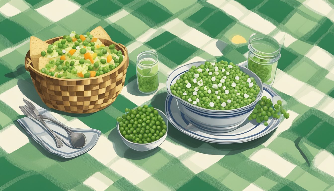 A vintage picnic spread with a bowl of English pea salad on a checkered blanket