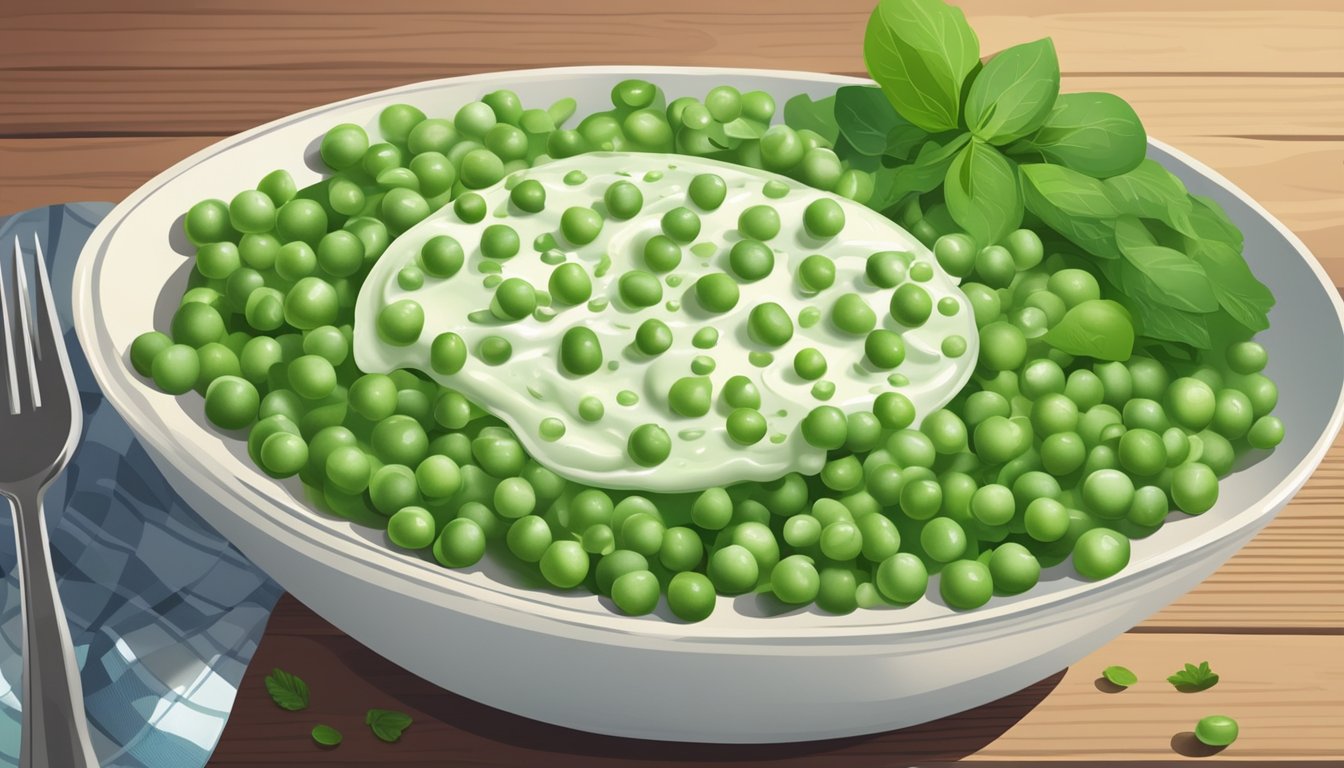 A bowl of English pea salad with fresh peas, mint leaves, and creamy dressing on a wooden table