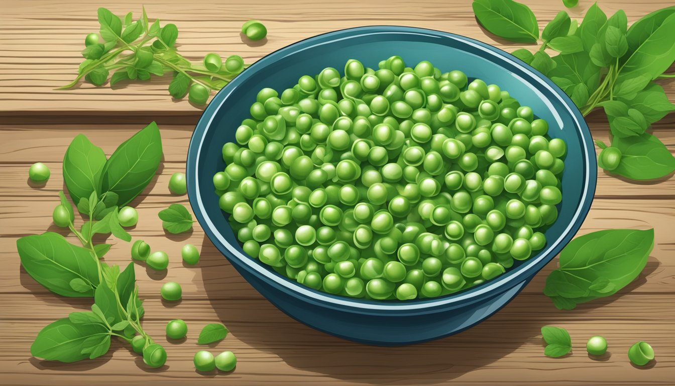 A bowl of English pea salad surrounded by fresh pea pods and a scattering of mint leaves on a wooden table