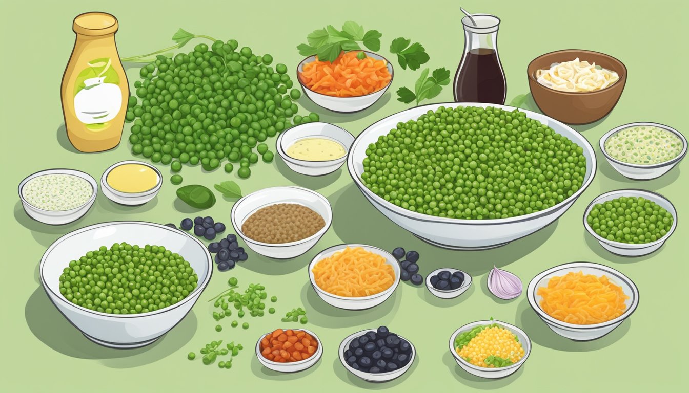 A bowl of English pea salad with various toppings and dressing, surrounded by a selection of alternative ingredients for substitution