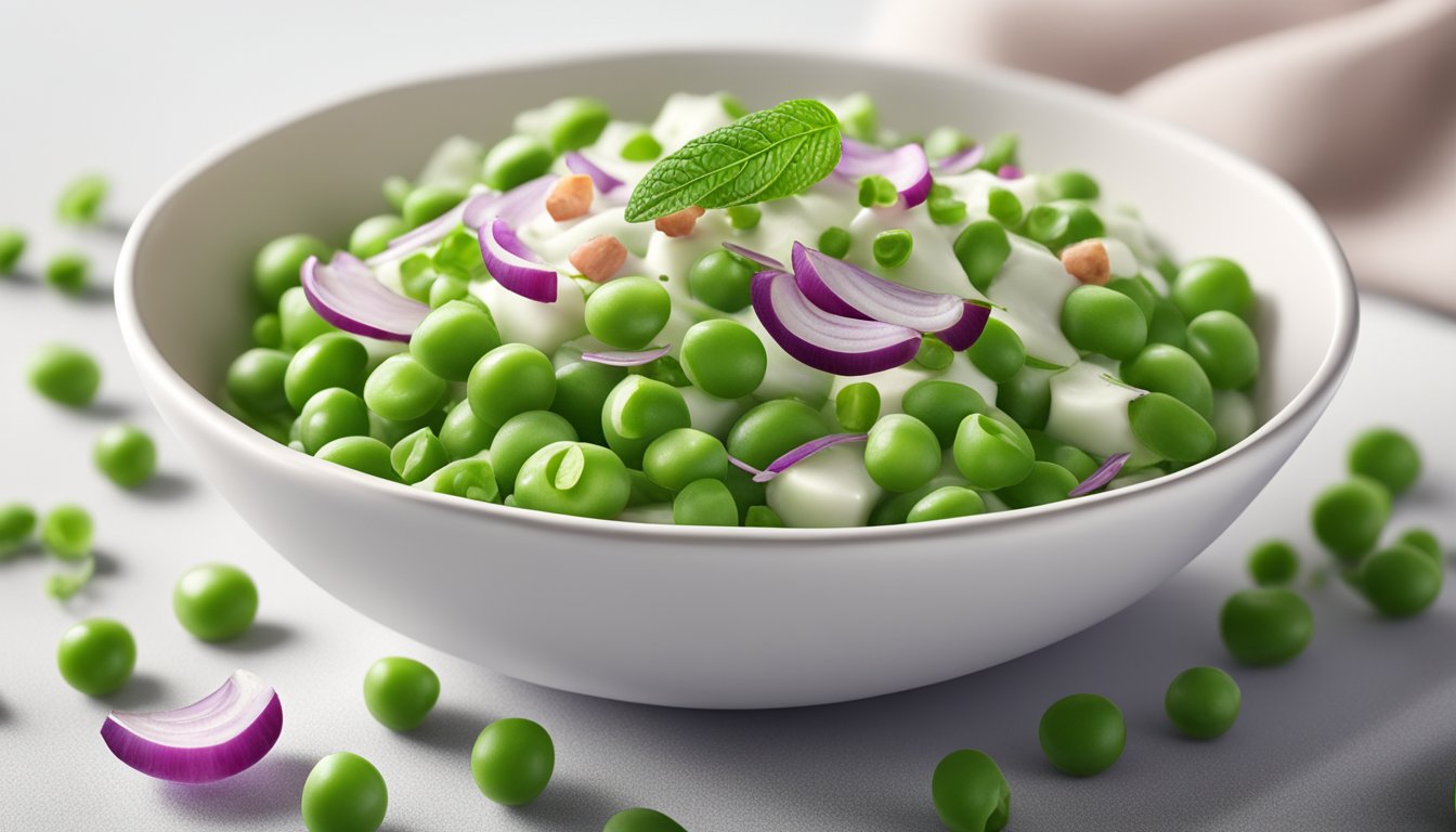 A bowl of English pea salad with fresh peas, diced red onion, and creamy dressing, garnished with mint leaves