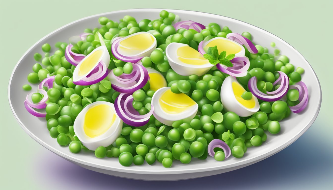 A bowl of English pea salad with fresh peas, diced red onion, and creamy dressing, garnished with chopped mint and lemon zest