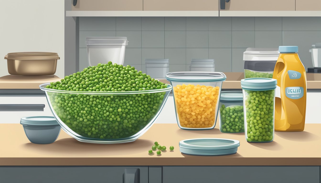 A bowl of English pea salad sits on a kitchen counter next to containers of leftovers and a stack of storage containers