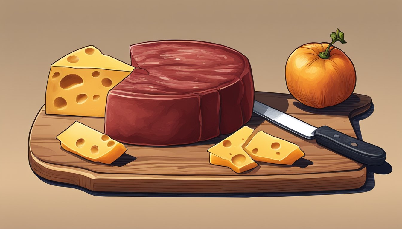 A slice of quince paste on a wooden board with a knife and cheese