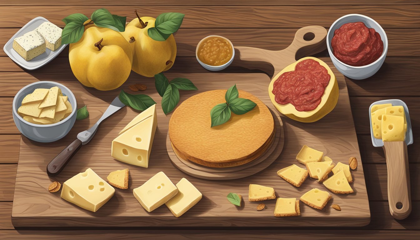 A spread of quince paste on a wooden cutting board, accompanied by a selection of cheese and crackers on a rustic table