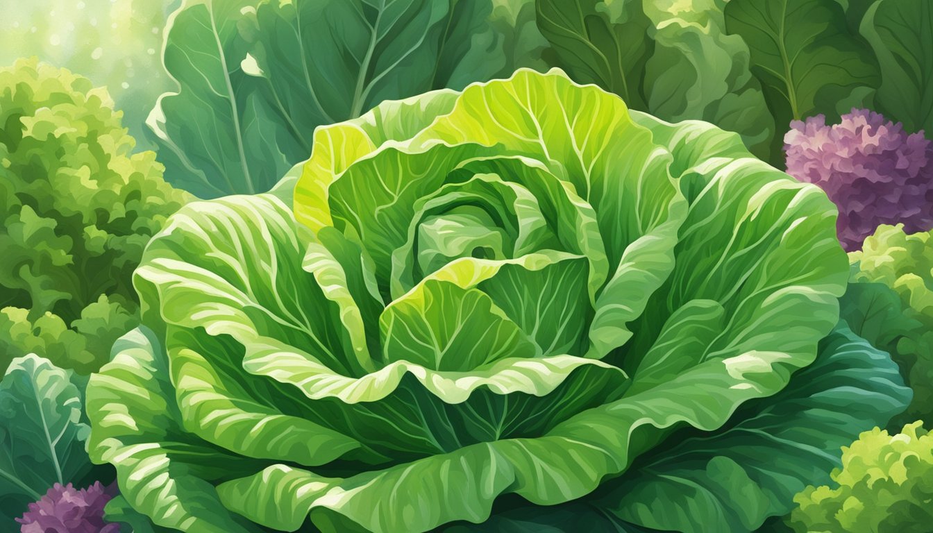 A crisp head of iceberg lettuce grows in a sunlit garden, surrounded by other leafy greens