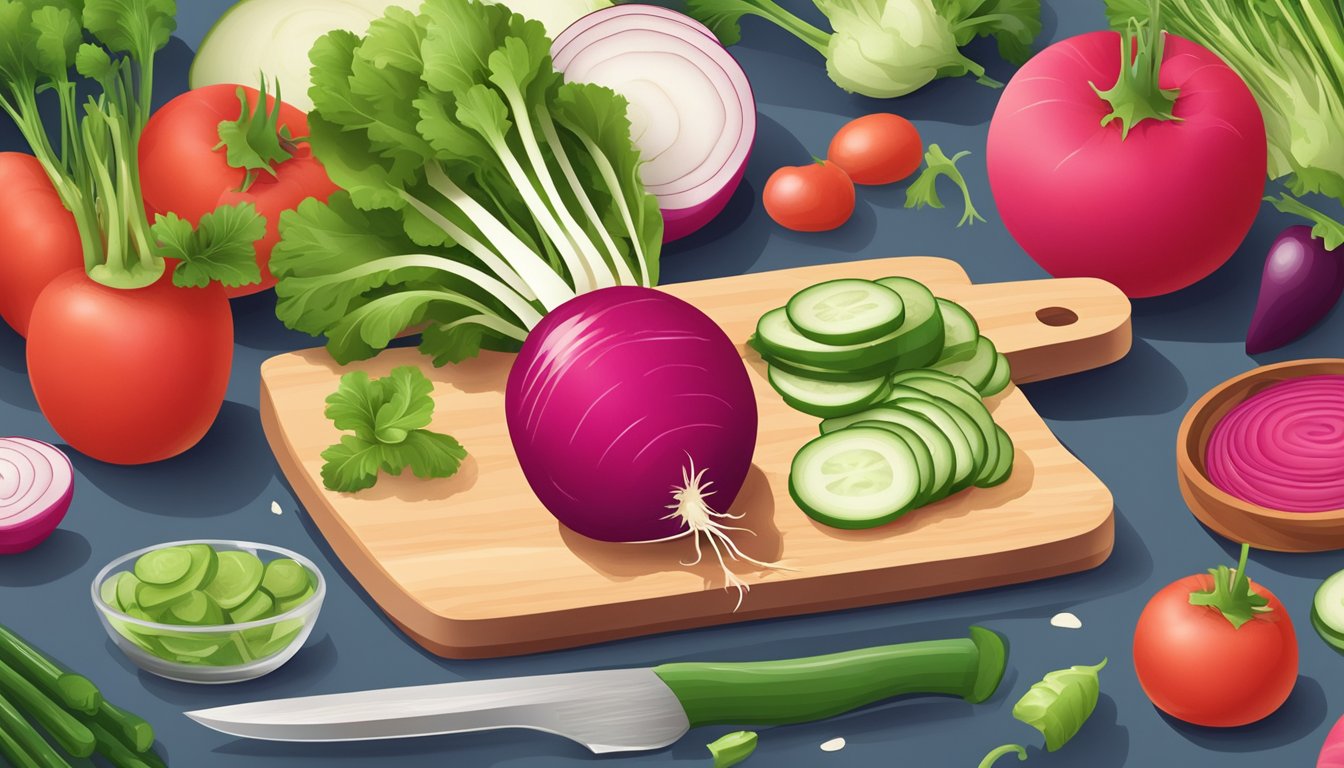 A radish sliced on a cutting board, surrounded by other fresh vegetables and a measuring tape