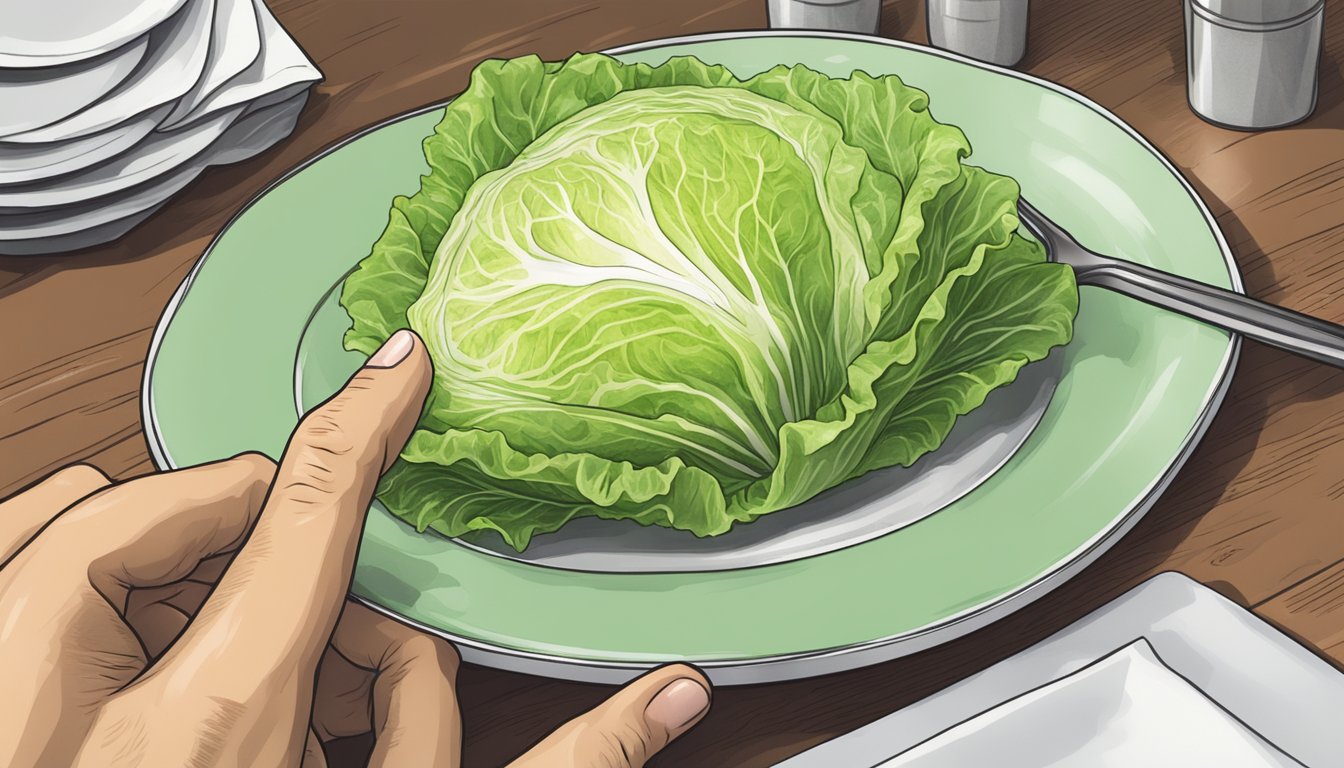 A hand reaching for a crisp iceberg lettuce wedge on a plate