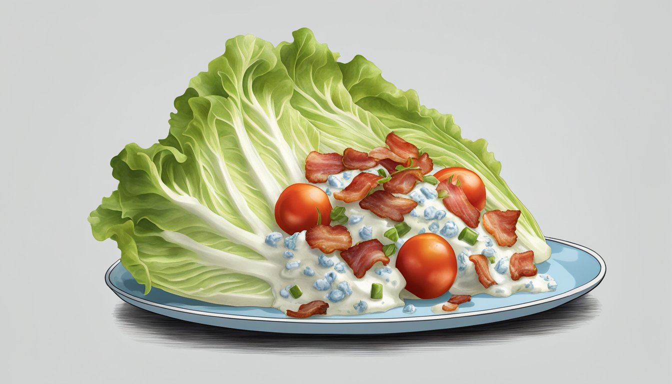 A wedge of iceberg lettuce topped with bacon, tomatoes, and blue cheese dressing