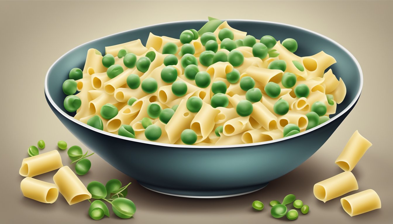 A bowl of creamy pasta with whole English peas scattered on top