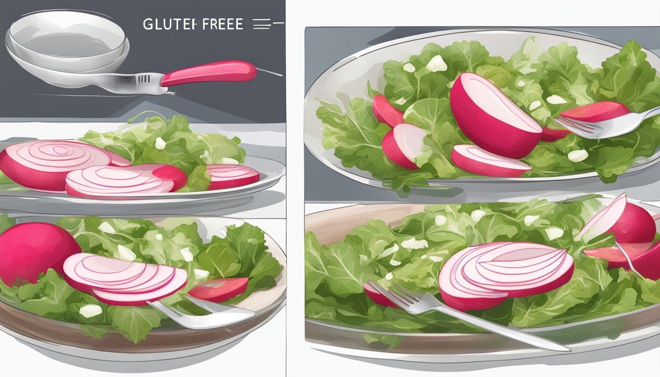 A radish being sliced and added to a salad, with a separate plate of radish slices labeled "gluten-free" and "nut-free"